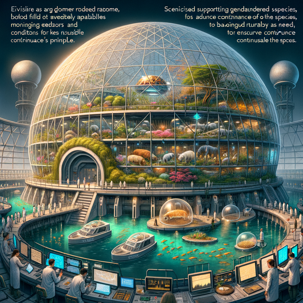 Image for Let's move to the core of our society, the 'EvoSphere'. This is where Fisher's principle comes to life. The EvoSphere is a controlled environment where we balance the gender ratios of various species that are on the brink of extinction.