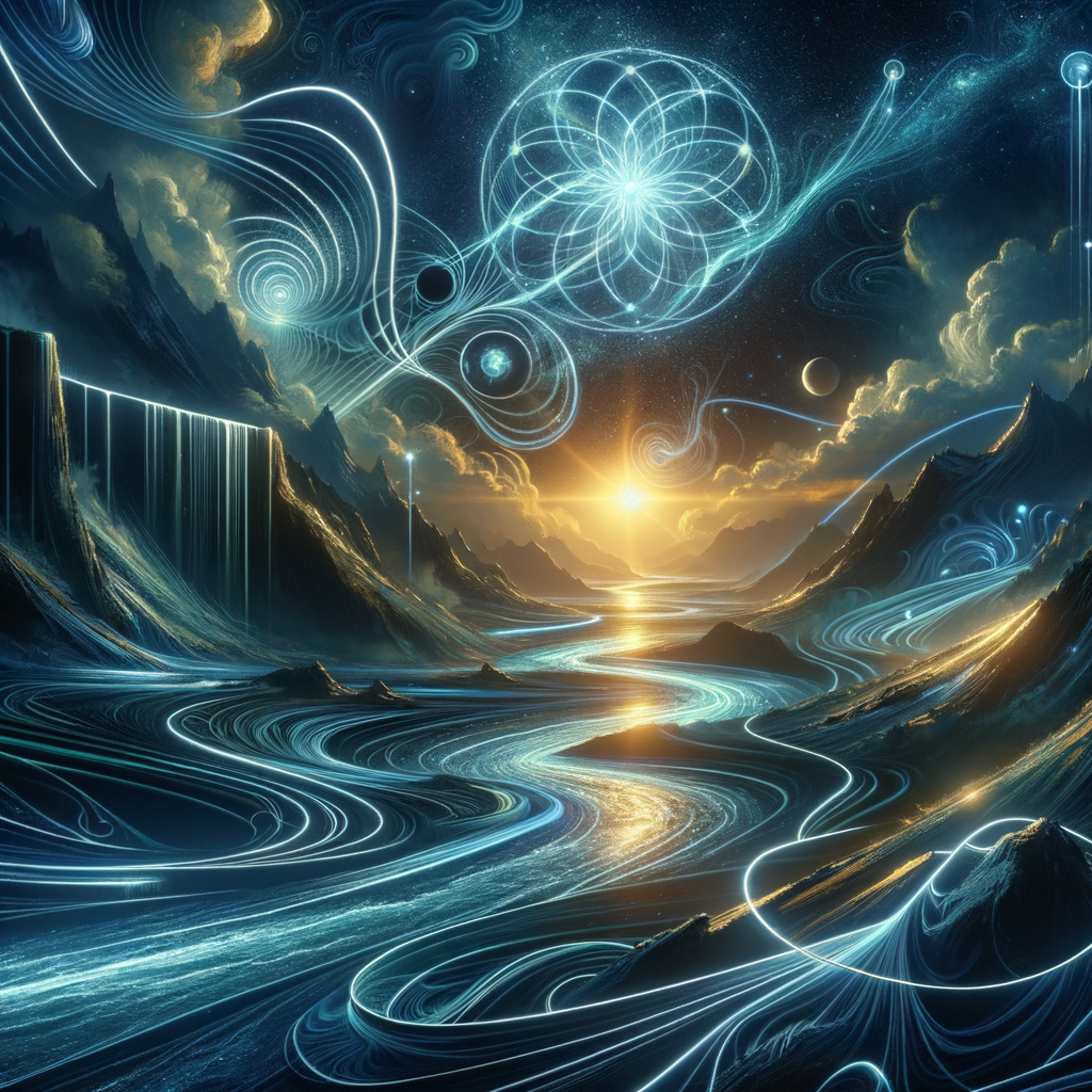 Image for As night falls, the Quantum River transforms into a spectacle of lights, a glowing testament to our evolutionary journey. It's a sight to behold, a fusion of science, art, and history.