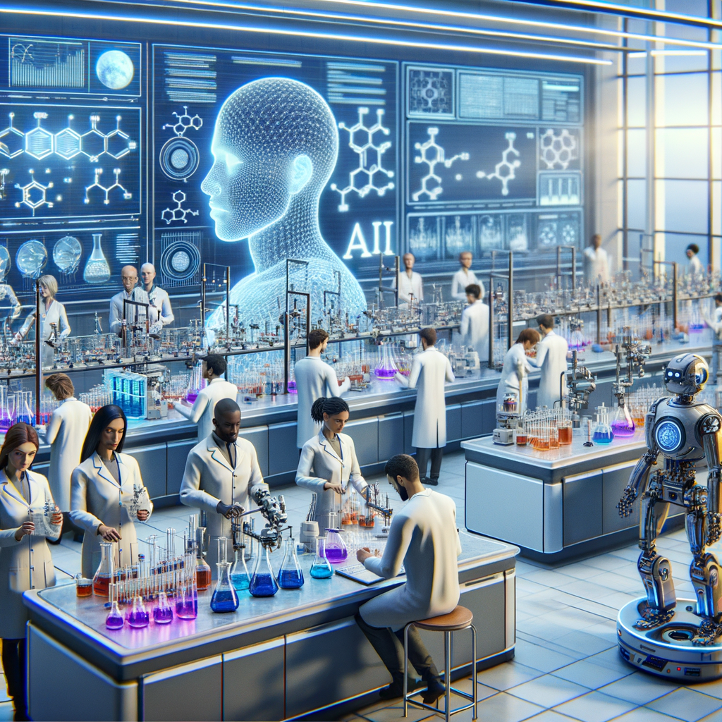 Image for The facility also houses a state-of-the-art lab where these compounds are synthesized, tested, and refined. AI-powered robots assist in the lab, carrying out repetitive tasks with precision and speed, allowing the chemists to focus on complex problem-solving and innovative thinking.