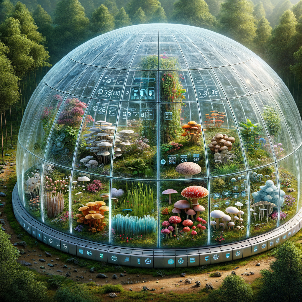 Image for Our main hub is a climate-controlled dome, maintained by a network of sensors and smart systems. It mimics the natural environment needed for the growth of various fungi species. The dome's temperature, humidity, and light conditions are constantly monitored and adjusted to optimize the fungi's growth and carbon sequestration capabilities.