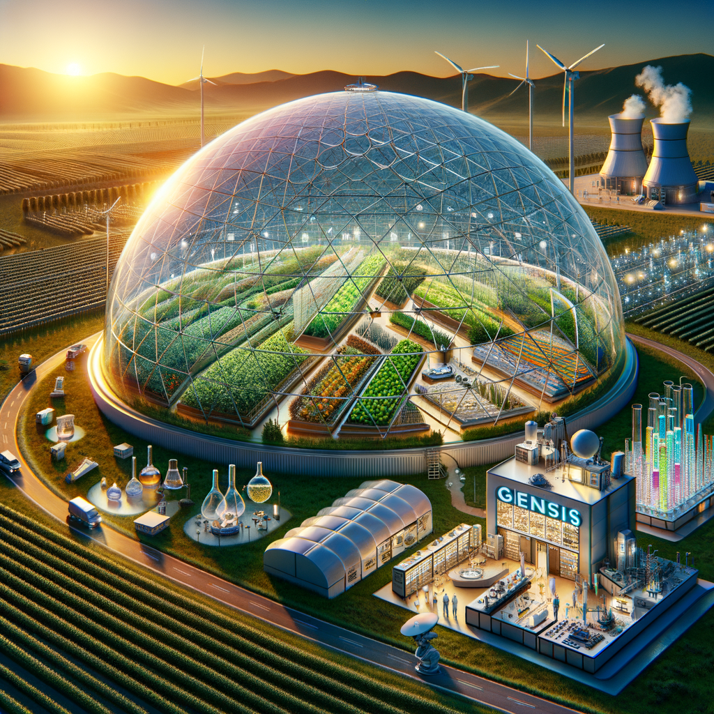 Image for Welcome to the Genesis Farm, the world's first fully automated farming and medicinal chemistry complex. This isn't your regular farm. It's a revolutionary fusion of agronomy, medicinal chemistry, and anagenesis, designed to push the boundaries of food production and medical research.