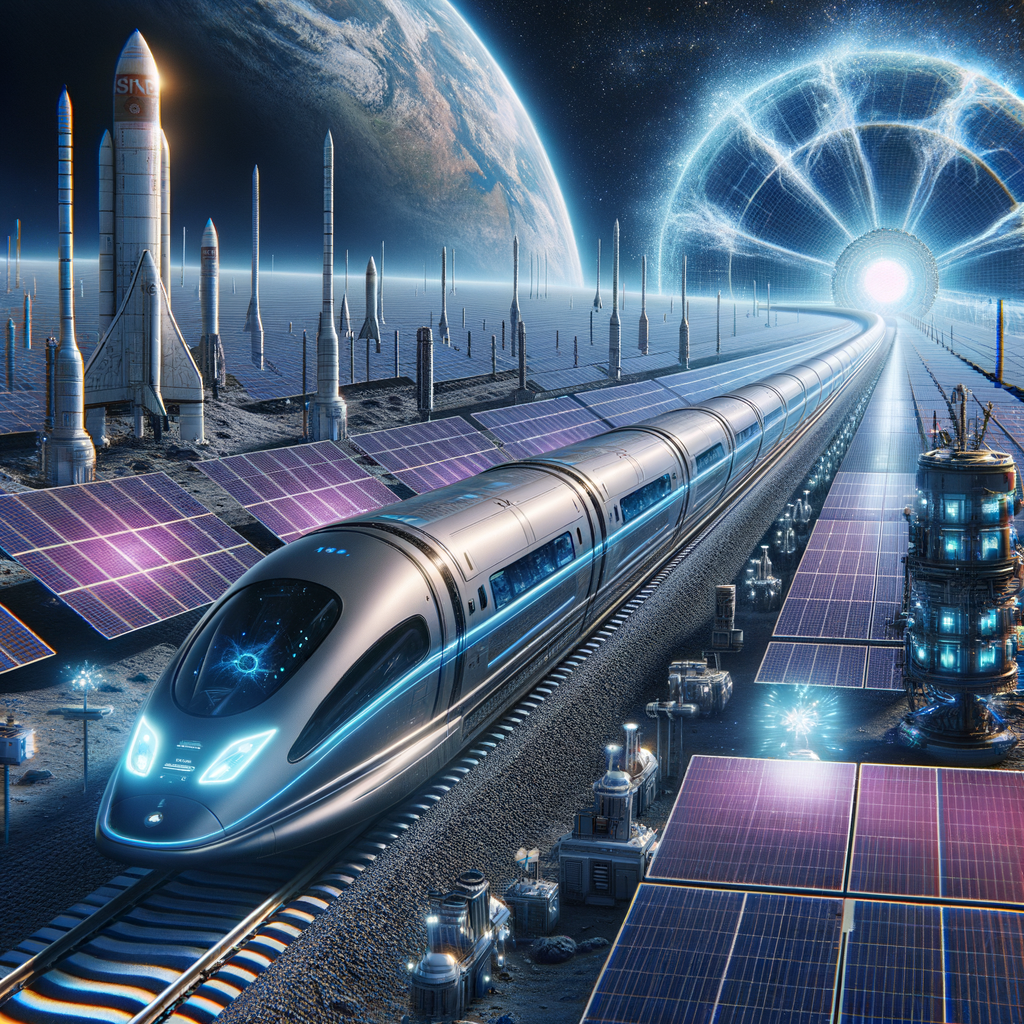 Image for The AstroRail trains are powered by a fusion of renewable energy sources, primarily solar and nuclear fusion. The energy is stored and utilized efficiently, ensuring a smooth and fast commute. And yes, the speed! AstroRail trains can reach speeds up to 10,000 miles per hour, thanks to the near-zero friction environment in space.