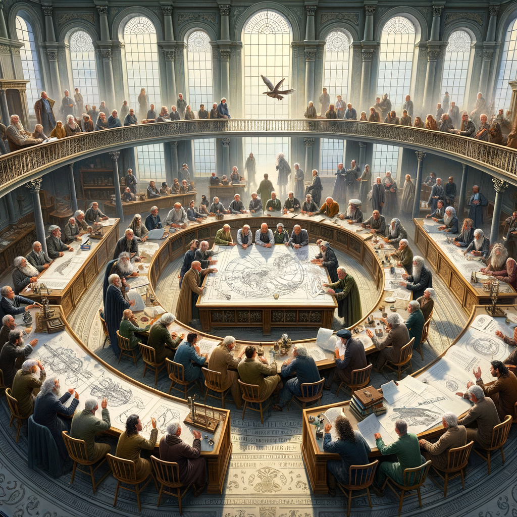 Image for In the 'Enlightenment Hall', philosophers and thinkers engage in deep discussions, drawing parallels between the adaptability of semiaquatic organisms and societal challenges. They strive to apply the lessons from these creatures to foster a more resilient and harmonious society.