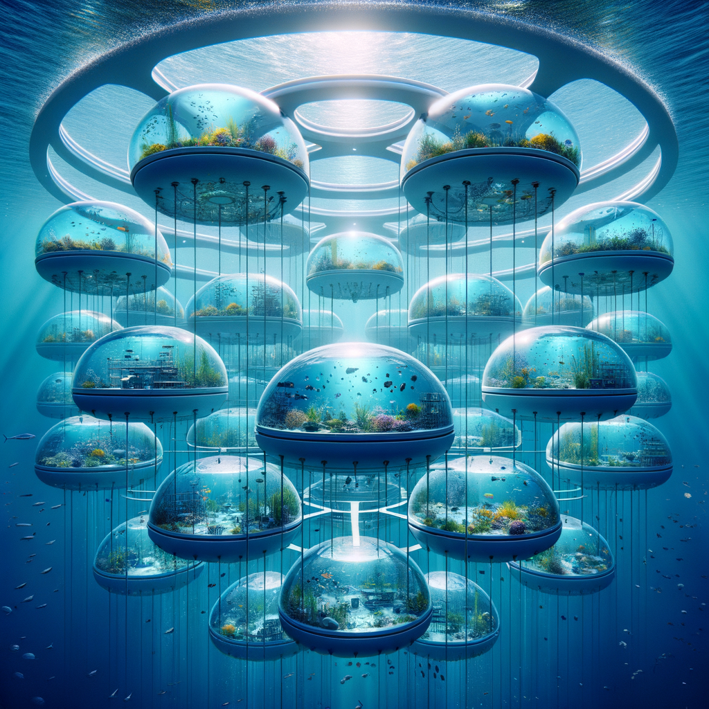 Image for As you step into the Oceanic Quantum Farm, you are greeted by a vast expanse of blue. This is not your traditional farm, but an underwater world teeming with life. The farm is a complex network of floating pods, each housing a variety of marine life that are crucial to our ecosystem and food chain.