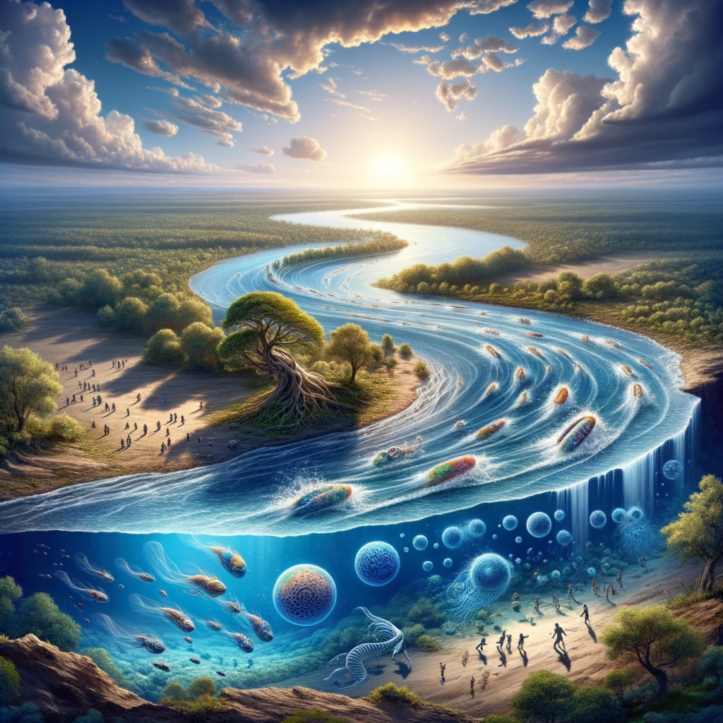 Image for The river's flow represents the passage of time, with each ripple, each wave signifying a key event in our evolutionary history. From the first single-celled organisms to the rise of Homo sapiens, our story is etched in its quantum currents.