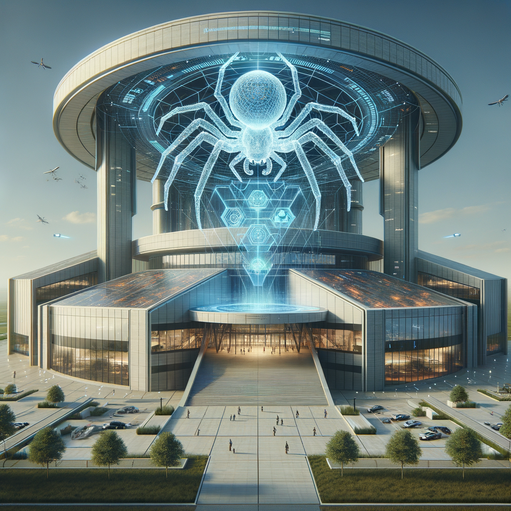 Image for The facility, funded by a consortium of leading tech and bioengineering companies, is a testament to the human spirit's relentless pursuit of knowledge and innovation. The entrance is adorned with a large holographic spider, a symbol of the facility's core research.