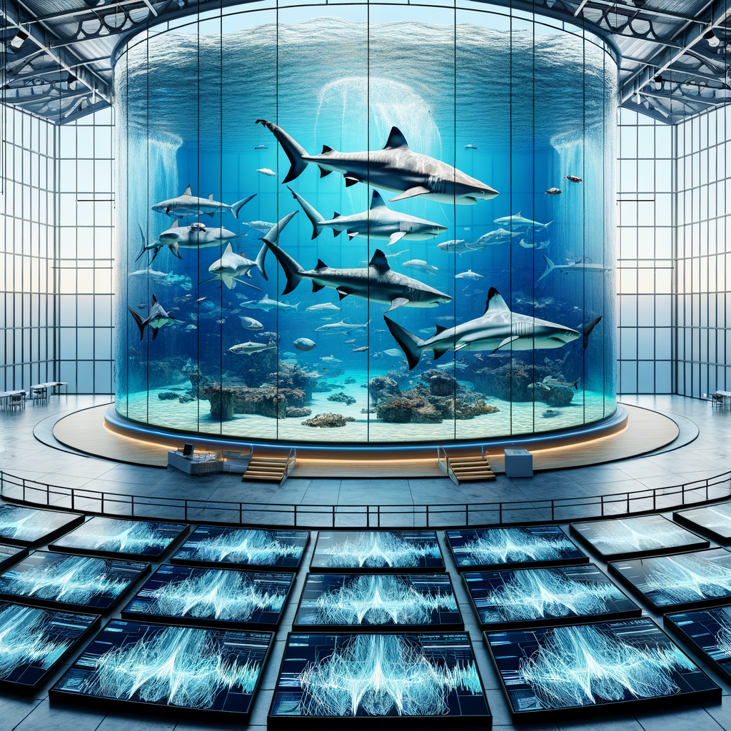 Image for Upon entering NeuroShark, you'll notice the dominant feature: a massive, transparent shark tank, home to various species of sharks. Around the tank, multiple screens display real-time neural activity, captured by our patented neuro-imaging technology.