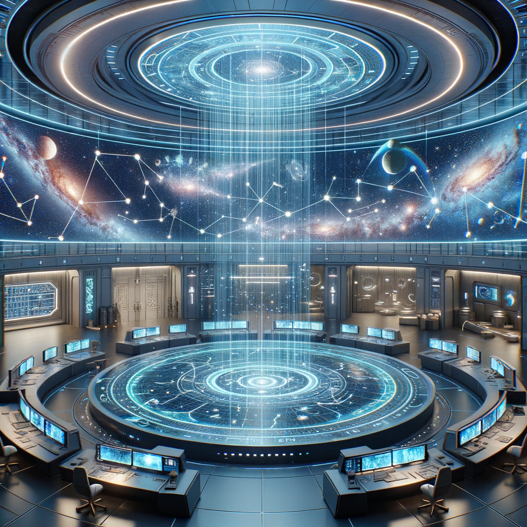Image for As you enter the facility, you're greeted by a large holographic display of the universe, each constellation marked by its respective astronomical symbol. This is not just a decorative piece; it's an interactive map that allows researchers to navigate through known space.
