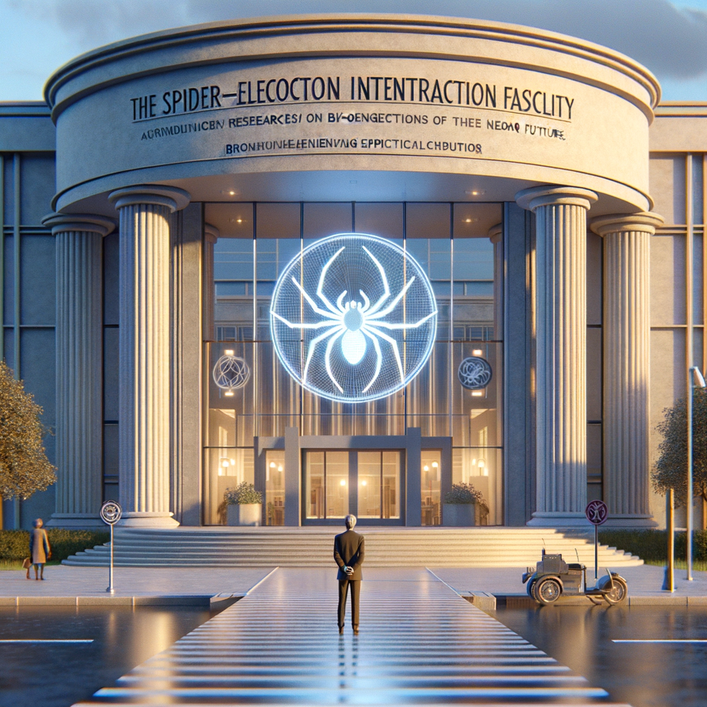 Image for Welcome to the year 2035. You are standing at the entrance of the Spider-Electron Interaction Facility (SEIF), a state-of-the-art research center dedicated to exploring the weak interaction of electrons and their potential applications in the bioengineering of spiders.