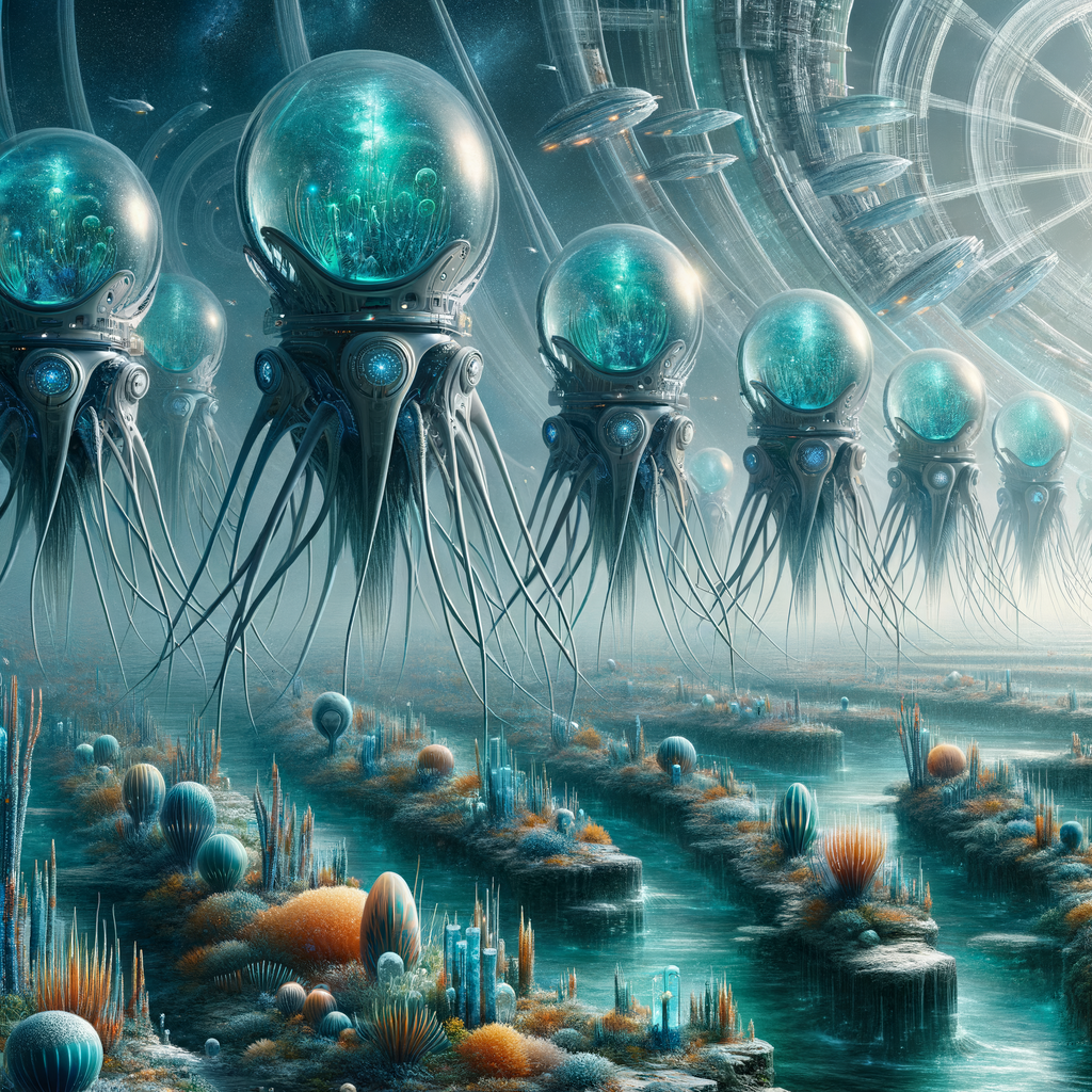 Image for These creatures, inspired by the resilience of marine life and the mystique of astronomical symbols, are the result of advanced genetic engineering. They are designed to withstand the pressures of the deep sea and the vacuum of space. They are the workforce of our Aquatic Astro-Industrial Park.
