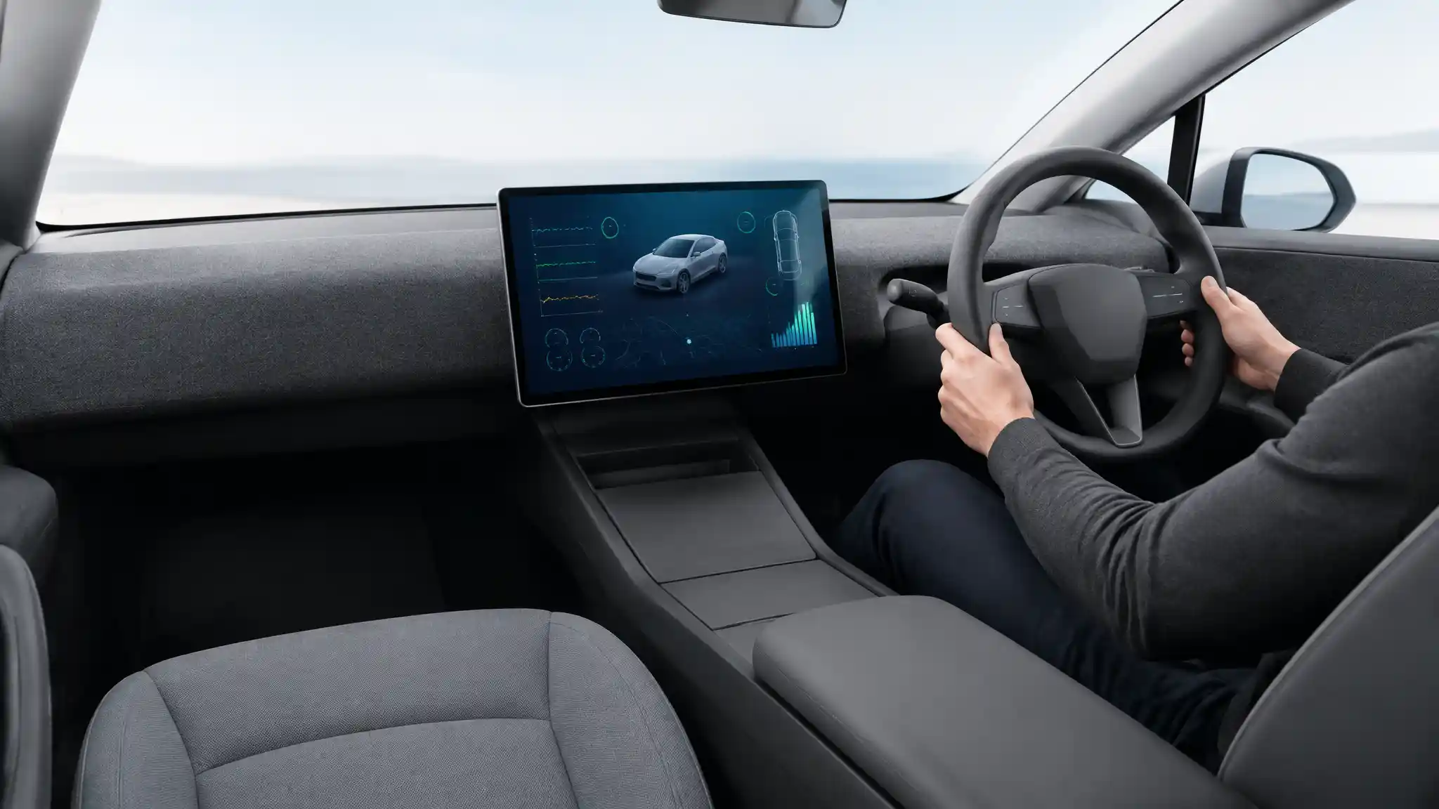 Stalkless single-screen EV cabin interior