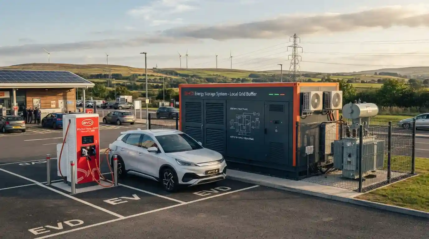An engineering evaluation of utility-scale Battery Energy Storage Systems (BESS) in the UK, deconstructing BYD flash-charging buffer mechanics and grid-stabilisation metrics.