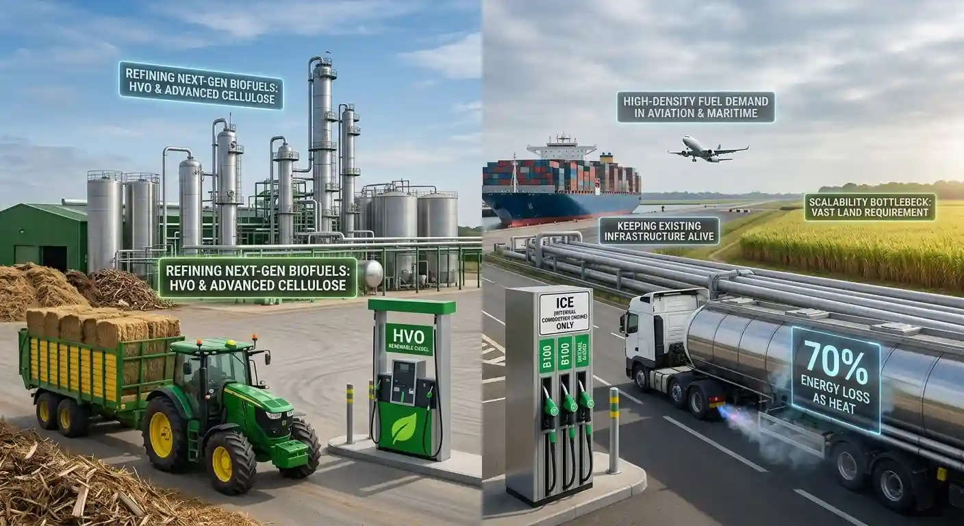 An engineering and land-use evaluation of drop-in biofuels as an infrastructure lifeline for legacy internal combustion vehicles, deconstructing thermodynamic efficiency losses, production scalability limits, and life-cycle costs.