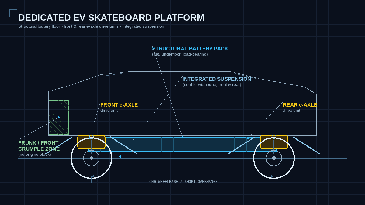 A dedicated electric vehicle skateboard chassis platform showing structural under-floor battery and integrated electric drive units