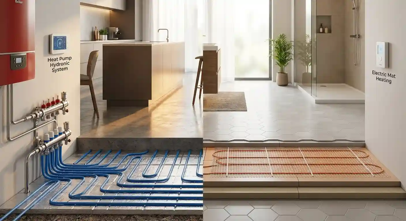 An engineering and economic audit contrasting resistive electric underfloor heating matrices against hydronic heat pump systems, evaluating thermodynamic efficiency loops, upfront capital layout, and time-of-use tariff optimization.