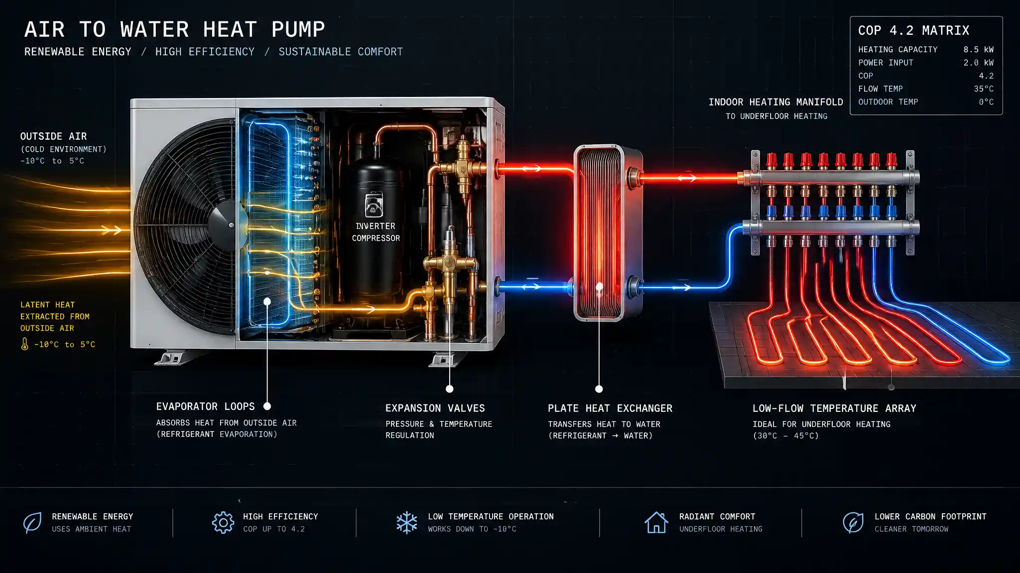 The vapor-compression cycle, the Carnot limit, and the flow-temperature design choice that decides whether a heat pump hits a COP of 4.5 or collapses to 1.5.