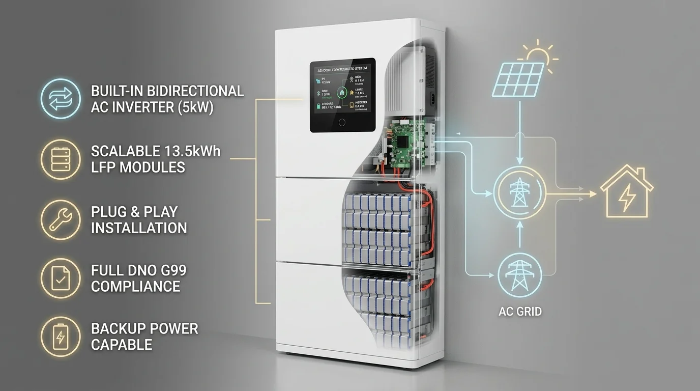 An engineering critique of all-in-one residential batteries with integrated inverters, weighing AC-coupled retrofit simplicity against double-conversion losses, continuous power limits and DNO G99 compliance.