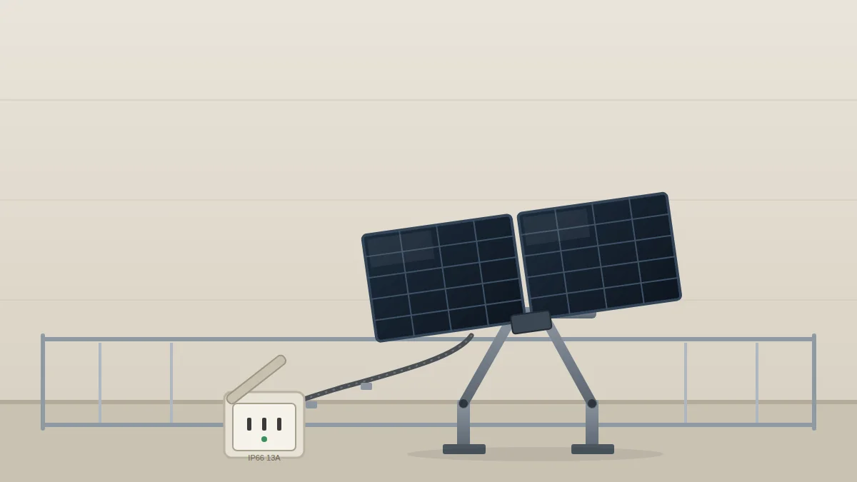 A compliant 800W plug-in balcony solar panel system connected to an outdoor household socket layout