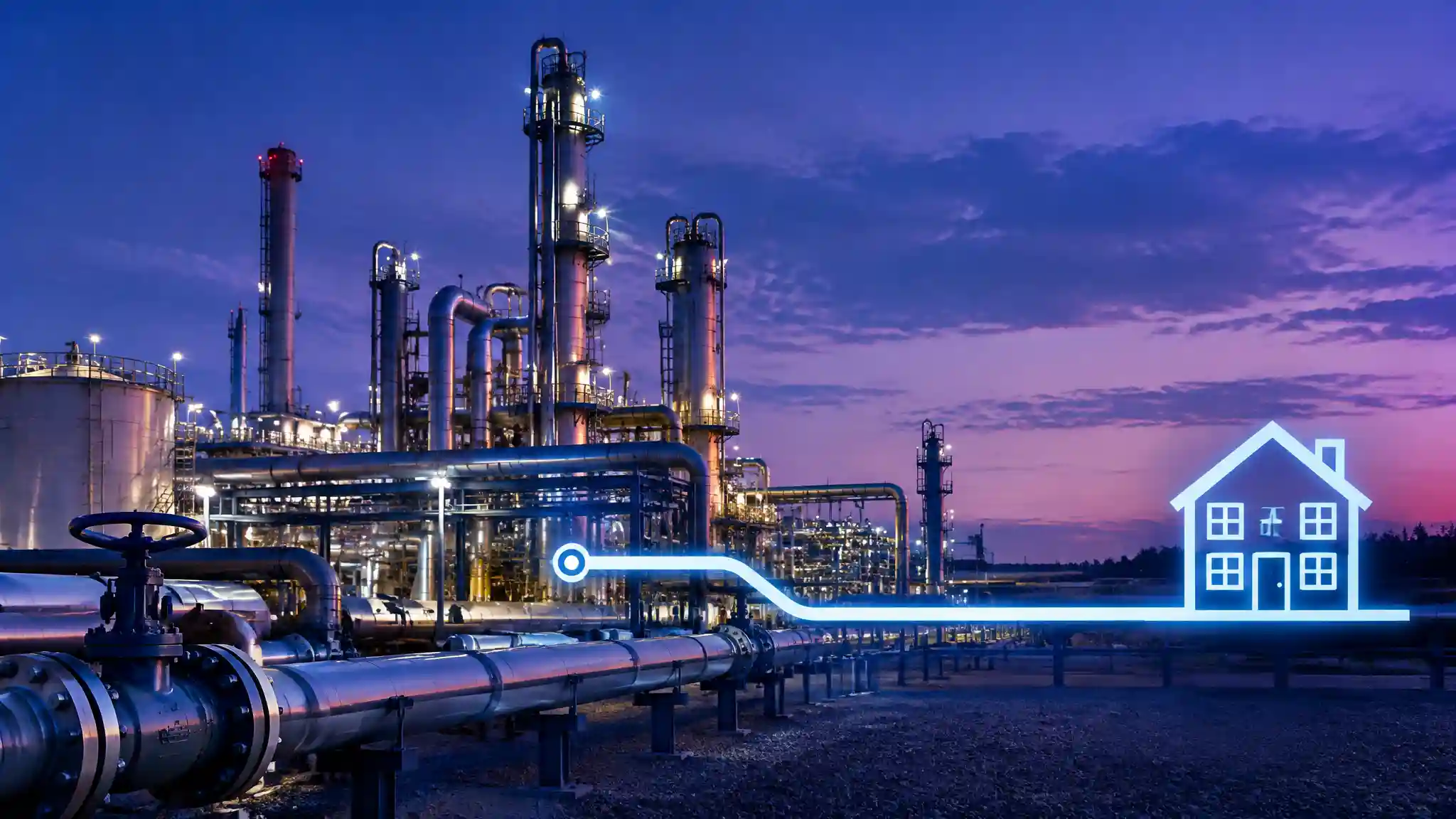 An engineering map of upstream fossil gas infrastructure, tracking fugitive methane and processing emissions before the fuel reaches your home.