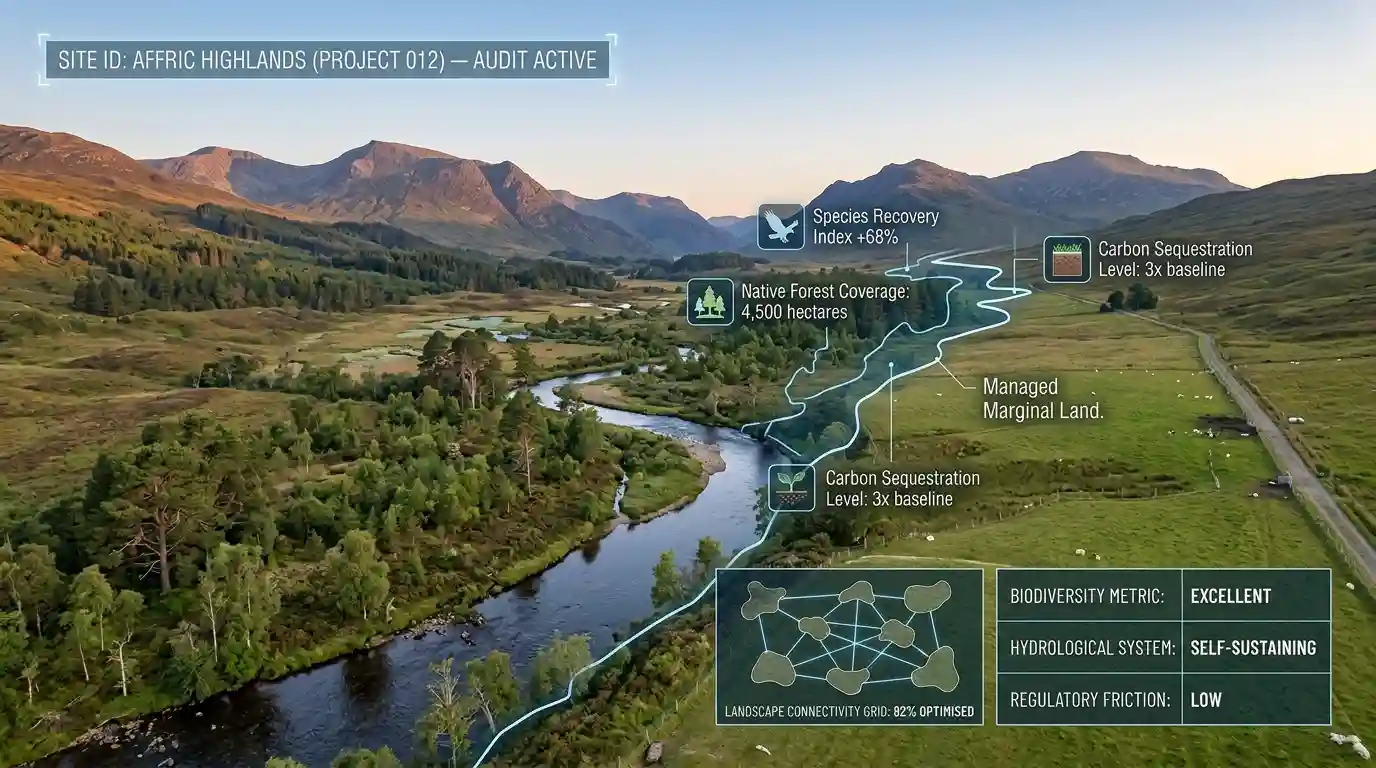 An empirical evaluation of the UK's expanding network of 100+ rewilding projects, clean-sheeting carbon sequestration yields, landscape-scale continuity constraints, and agricultural system friction.