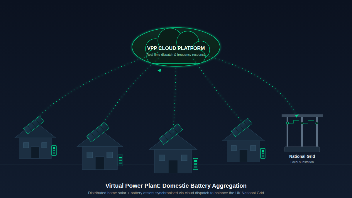 A decentralized network diagram showing UK home battery storage systems aggregated into a cloud-managed Virtual Power Plant layout