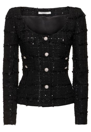 Sequined Checked Tweed Round Neck Jacket