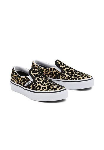 VANS Kids Flocked Leopard Classic Slip-on Shoes (4-8 Years) ((flocked Leopard) Black/true White) Kinder Schwarz, Größe 31.5