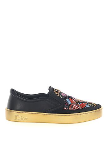 Sneaker Slip On HAPPY Leder Satin schwarz Stickerei Pailletten gold