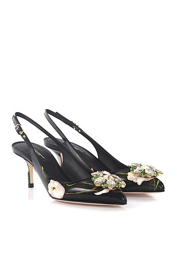 Slingpumps BELUCCI R Leder schwarz Blumenprint Schmucksteinverzierung