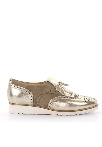 Loafer Glattleder Hirschleder Kalbsleder  Veloursleder Fransen Lochmuster Zierschnürung beige gold