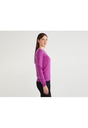 Benetton, Pullover Aus 100% Schurwolle Mit Rundhals, taglia L, Zyklame, Damen