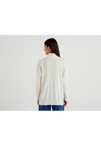 Benetton, Oversize-rollkragenpullover In Einer Cashmeremischung, taglia L-XL, Cremeweiss, Damen