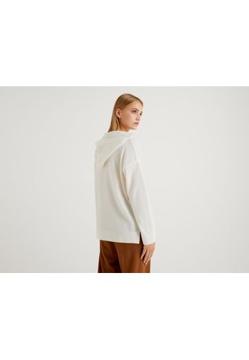 Benetton, Cremefarbener Pullover Aus Einer Cashmeremischung Mit Kapuze, taglia L, Cremeweiss, Damen