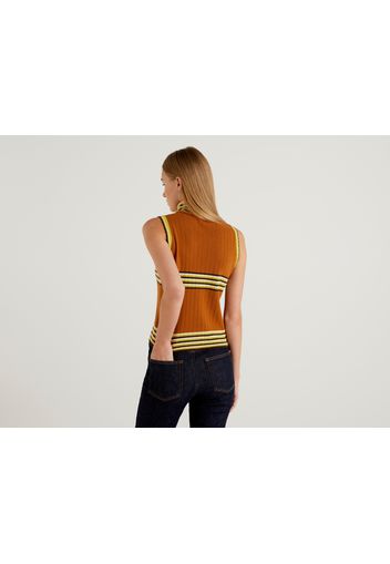 Benetton, Ärmelloser Rollkragenpullover Mit Streifen, taglia L, Orange, Damen