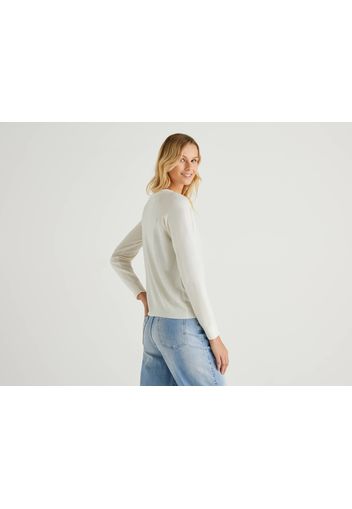 Benetton, Weiße Strickjacke Mit Rundausschnitt In Einer Mischung Aus Wolle Und Cashmere, taglia L, Weiss, Damen