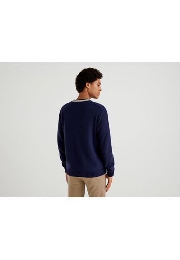 Benetton, Pullover Aus Reiner Shetlandwolle Mit Intarsienarbeiten, taglia XXL, Dunkelblau, Herren