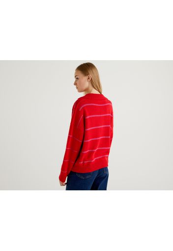 Benetton, Pullover Im Polo-stil Mit Streifenmuster, taglia L-XL, Gelb, Damen