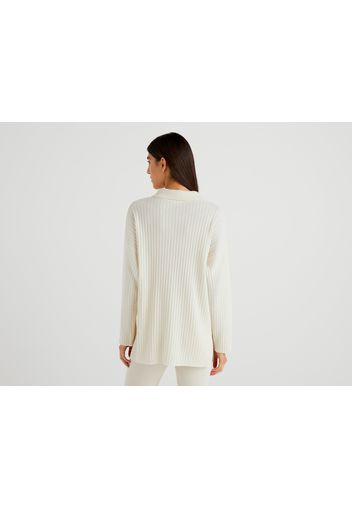 Benetton, Pullover Im Polo-stil Mit Rippenmuster, taglia L-XL, Cremeweiss, Damen