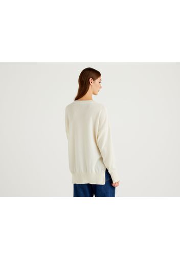 Benetton, Oversize-pullover Mit Schlitzen, taglia L-XL, Cremeweiss, Damen