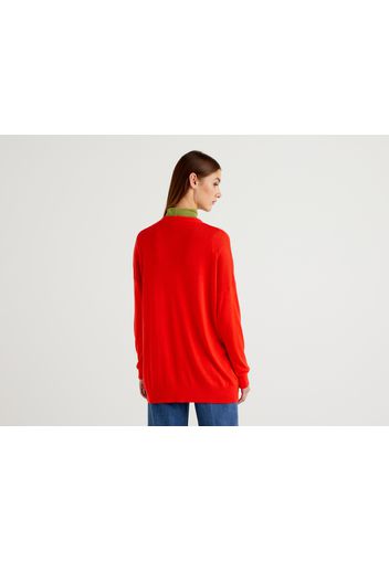 Benetton, Strickjacke In Einer Mischung Aus Wolle Und Cashmere, taglia L, Rot, Damen