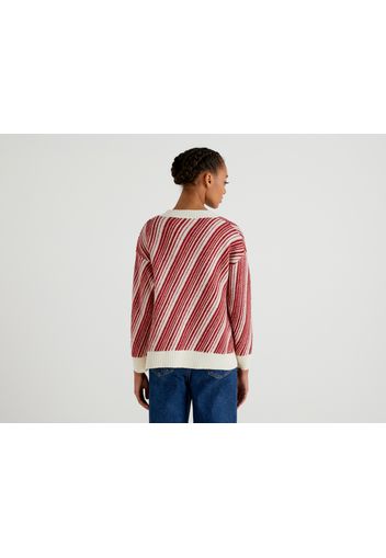 Benetton, Jacquard-pullover Mit V-ausschnitt, taglia L-XL, Bordeaux, Damen