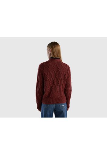 Benetton, Strickjacke Mit V-ausschnitt Und Spitzeneffekt, taglia L-XL, Bordeaux, female