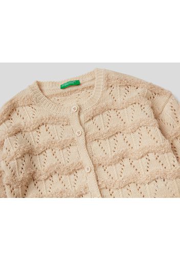 Benetton, Strickjacke In Einer Wollmischung Mit Rundausschnitt, taglia , Cremeweiss, Kinder