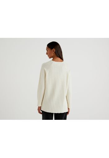 Benetton, Pullover Mit Verarbeitung Im Rippenmuster, taglia L, Cremeweiss, Damen