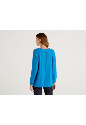 Benetton, Pullover Mit Flechtmuster Und Lochmuster, taglia L-XL, Türkis, Damen