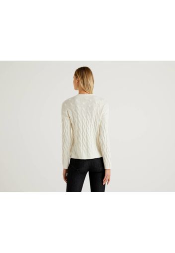 Benetton, Pullover Mit Flechtmuster, taglia L, Cremeweiss, Damen