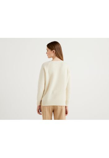 Benetton, Pullover Mit Einem Spiel Aus Verschiedenen Mustern, taglia L, Cremeweiss, Damen