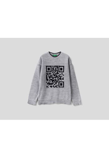 Benetton, Pullover Aus Einer Wollmischung Mit Qr-code, taglia , Grau, Kinder