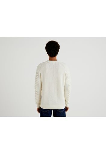 Benetton, Verarbeiteter Pullover Aus Einer Wollmischung, taglia XXL, Cremeweiss, Herren