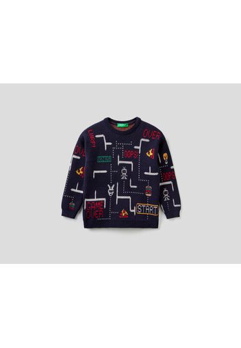 Benetton, Gemusterter Pullover Mit Rundhals, taglia , Dunkelblau, Kinder